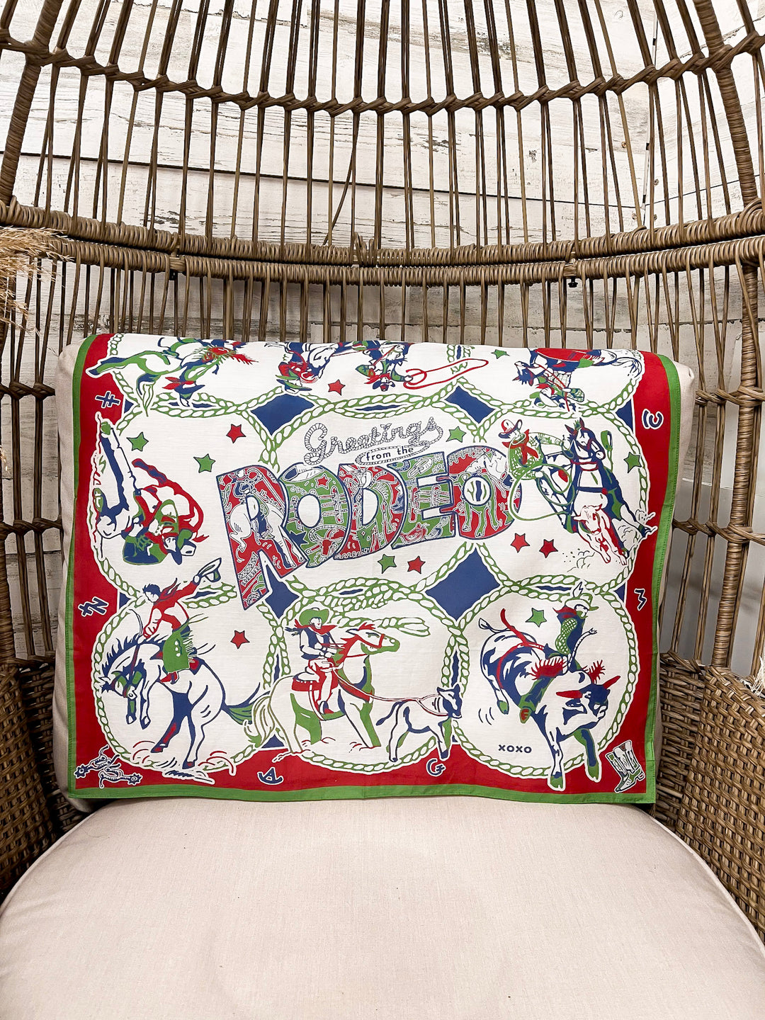 XOXO Art & Co | Greetings from the Rodeo Print Shorty Wild Rag Scarf in Ivory, Green, Red and Blue