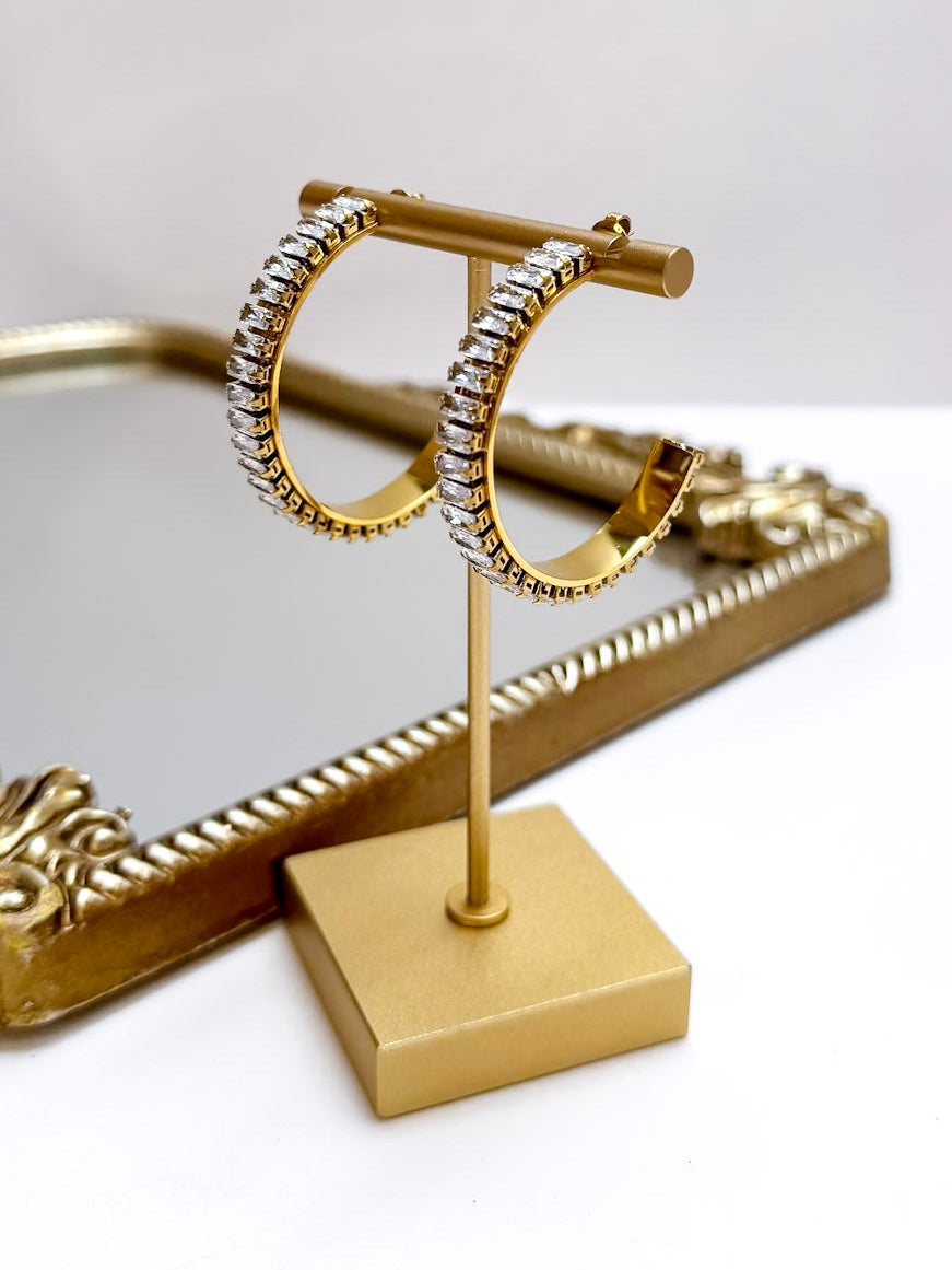 CHANSUTT PEARLS | Large Baguette Rectangle Rhinestone Hoop Earrings in Gold