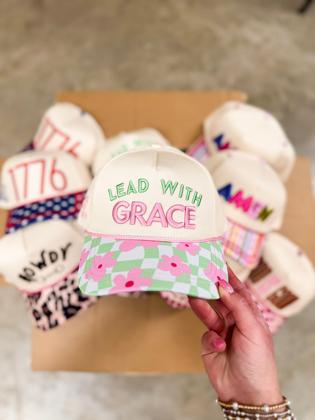 Lead with Grace Foam Trucker Hat with Floral Checkered Bill in Tan