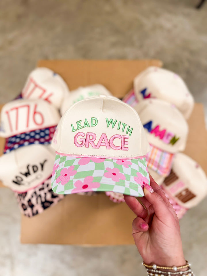 Lead with Grace Foam Trucker Hat with Floral Checkered Bill in Tan
