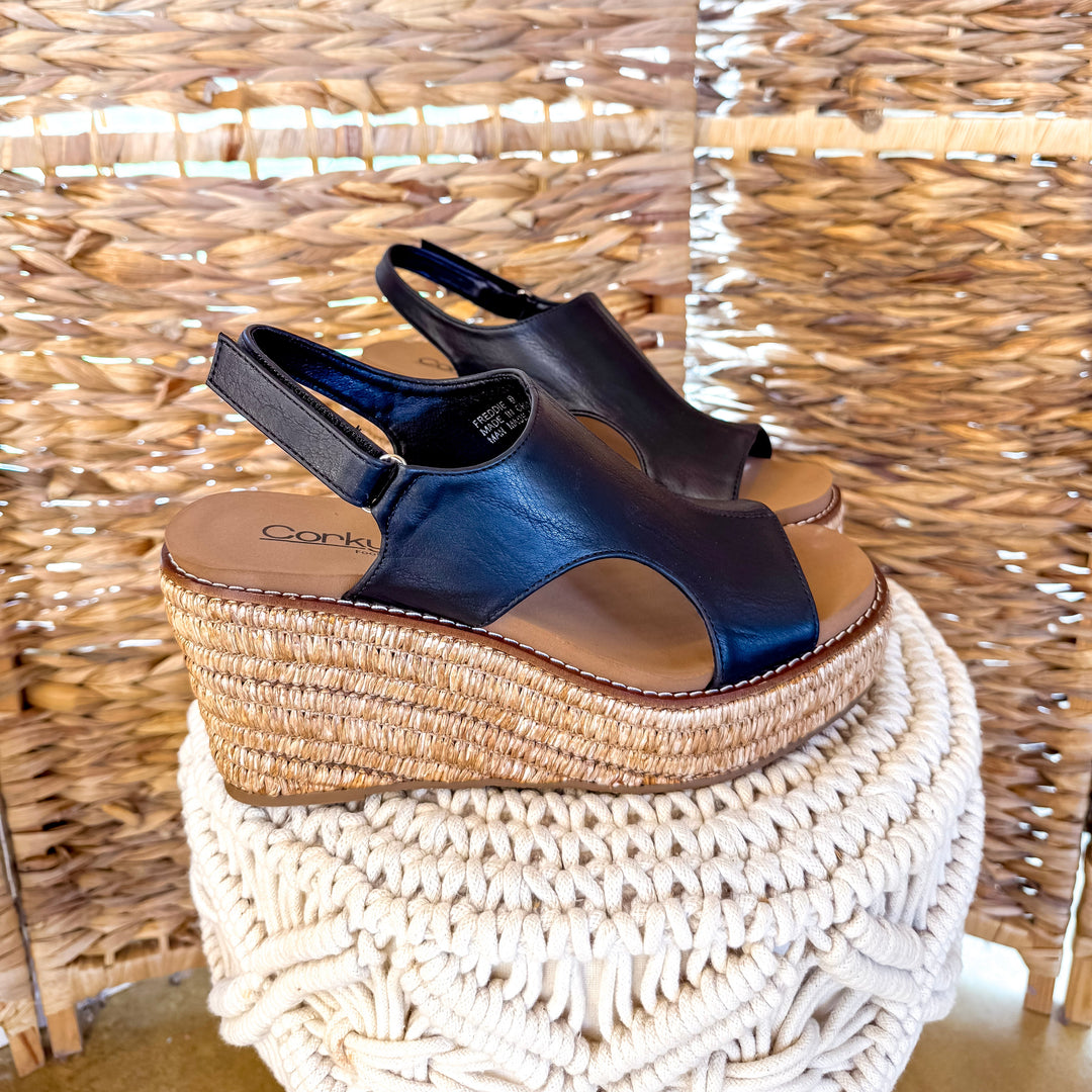 Corky's | Freddie Wedge Sandal with Velcro Strap in Black Smooth