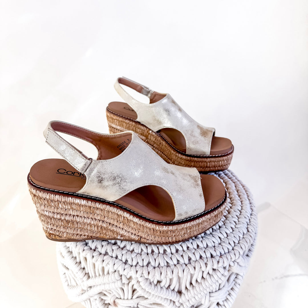 Corky's | Freddie Wedge Sandal with Velcro Strap in Gold Washed Metallic