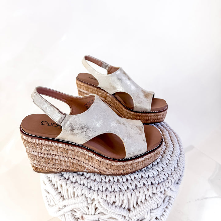 Corky's | Freddie Wedge Sandal with Velcro Strap in Gold Washed Metallic