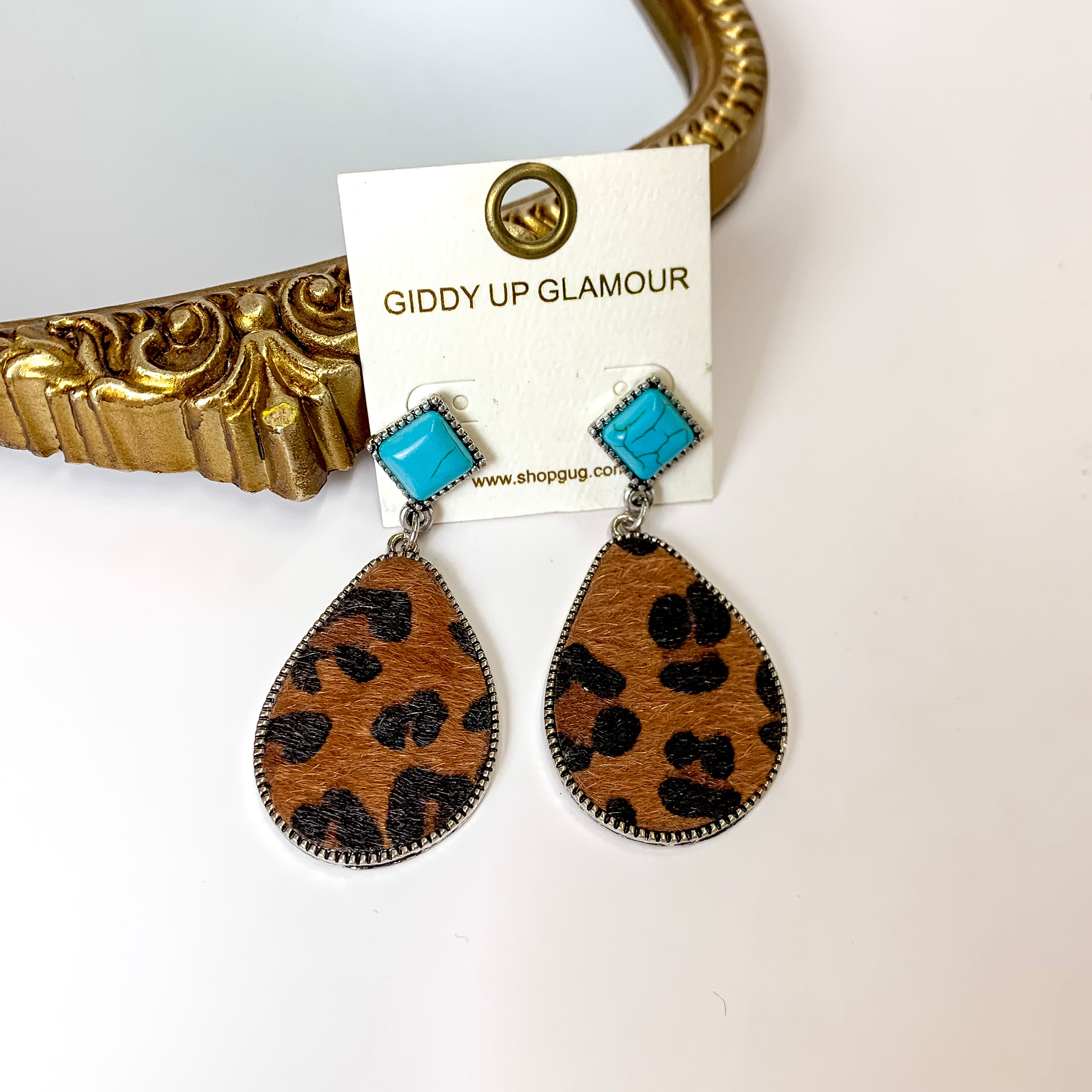 Silver Tone Faux Turquoise Post Teardrop Earrings in Brown Leopard Print - Giddy Up Glamour Boutique
