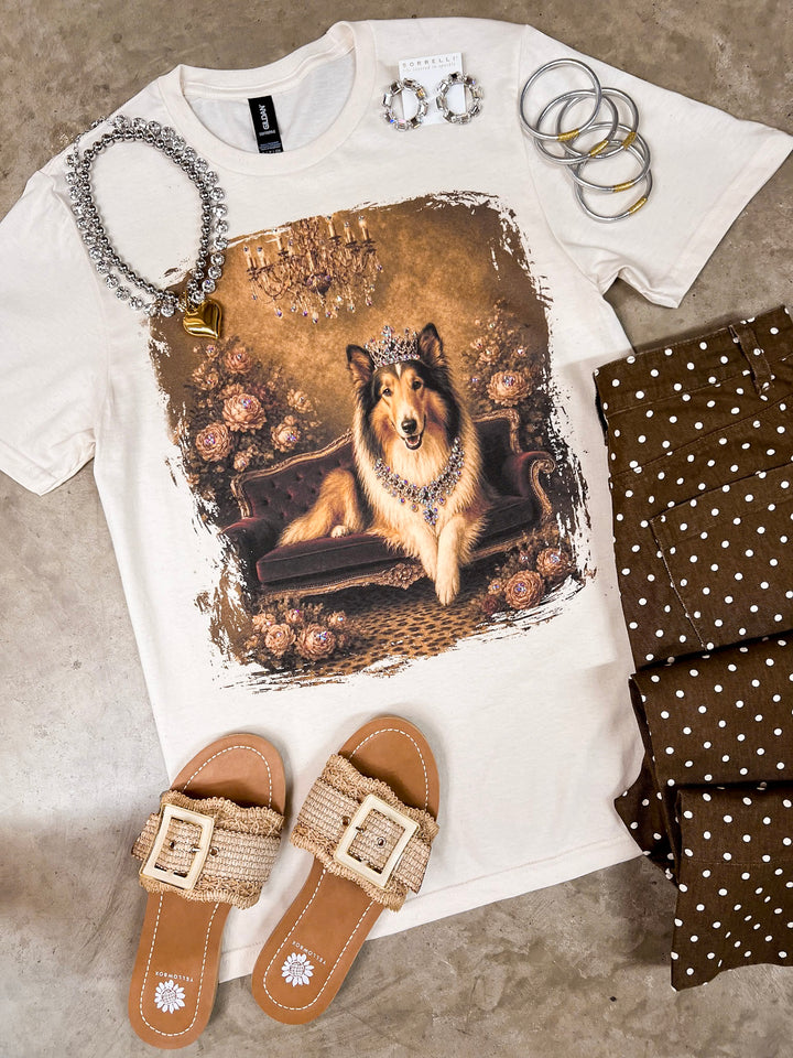 Her Majesty the Queen Glam Collie Dog Printed Short Sleeve Graphic Tee with Crystals in Cream