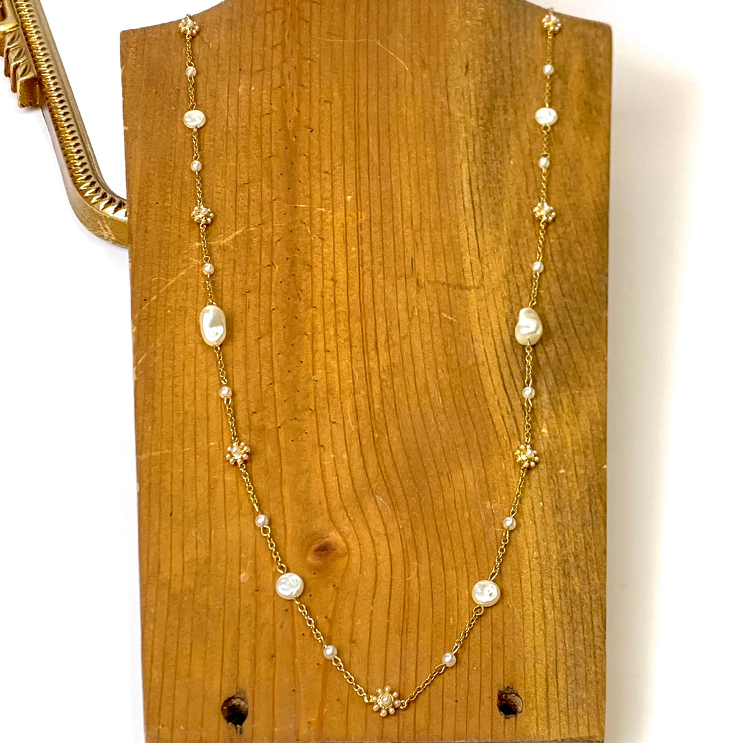 Long Gold Tone Necklace with Irregular Pearl Accents - Giddy Up Glamour Boutique