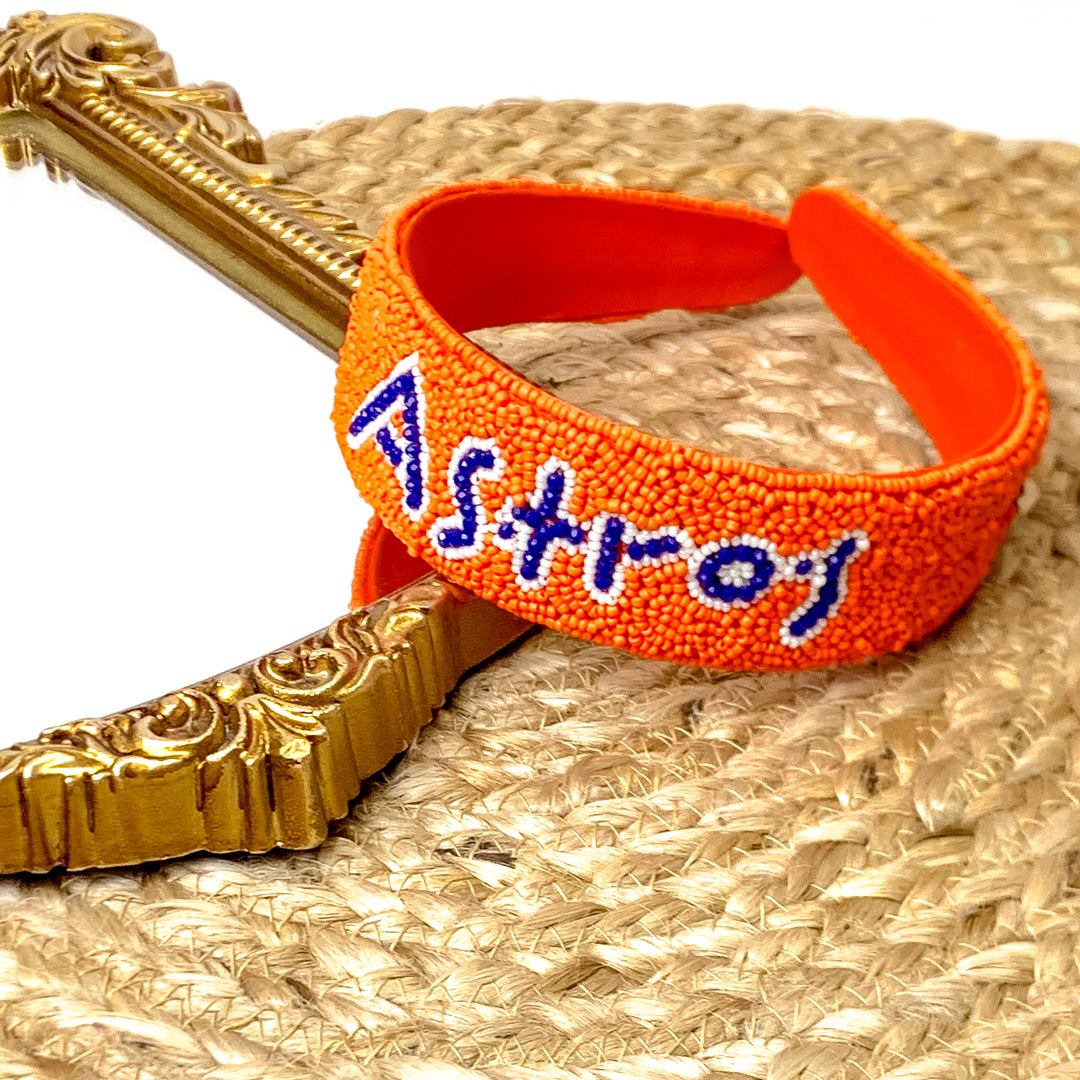 Team Spirit Astros Orange Seed Bead Headband with Navy Blue and White Stars - Giddy Up Glamour Boutique