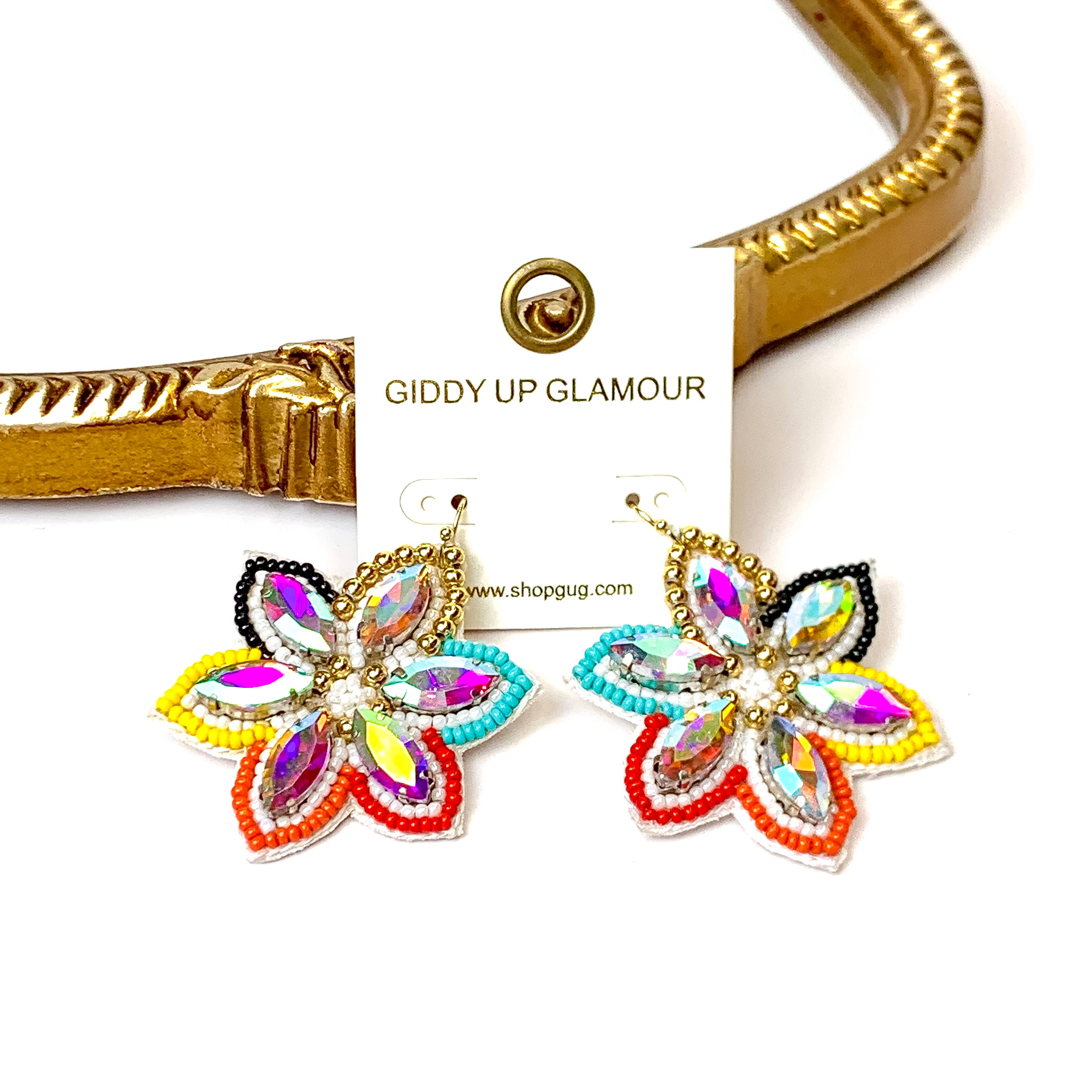 Desert Daisy Multicolored Flower Shaped Earrings with AB Crystal Accents in White - Giddy Up Glamour Boutique