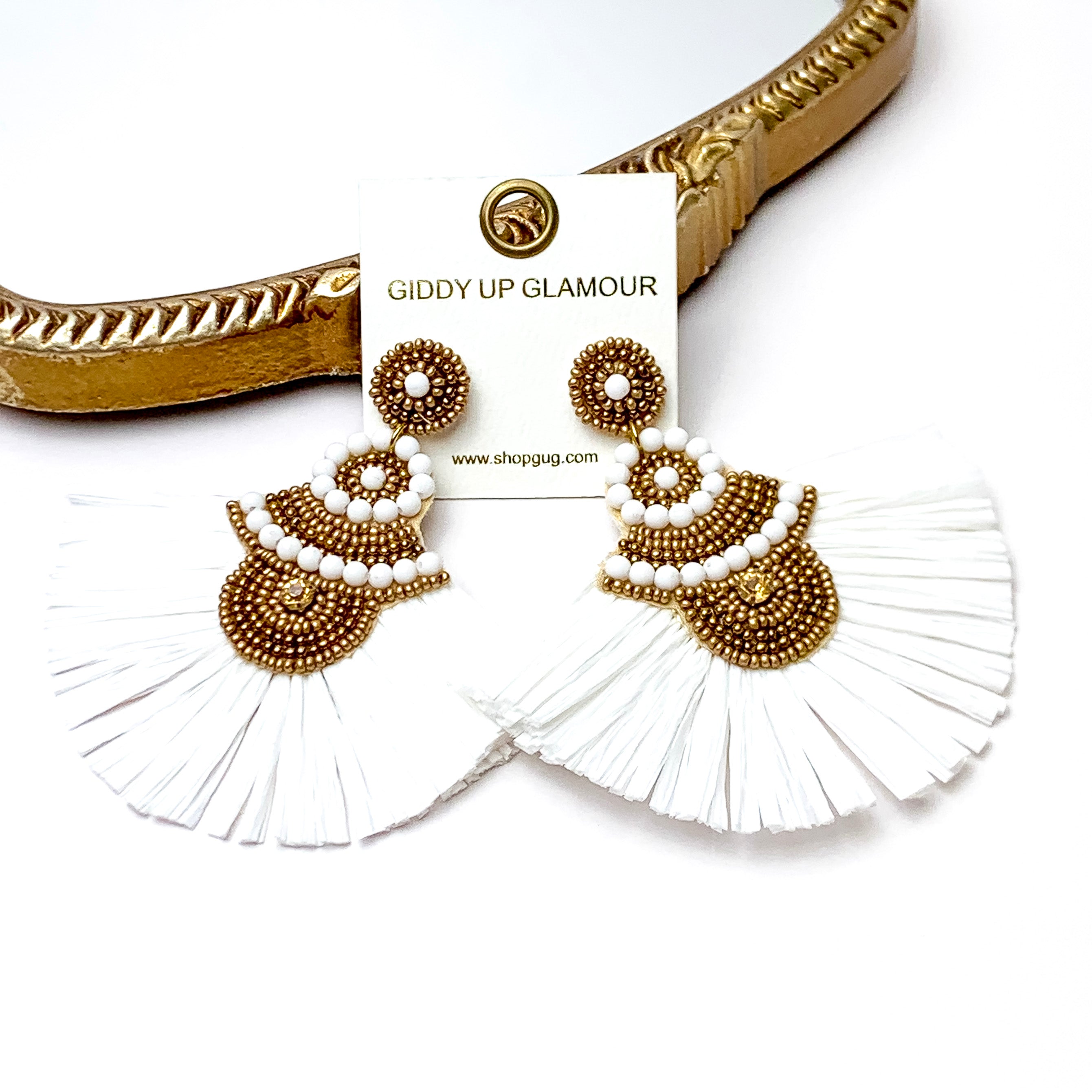 Seed Beaded Drop Earrings with Raffia Fringe in Gold and Ivory - Giddy Up Glamour Boutique