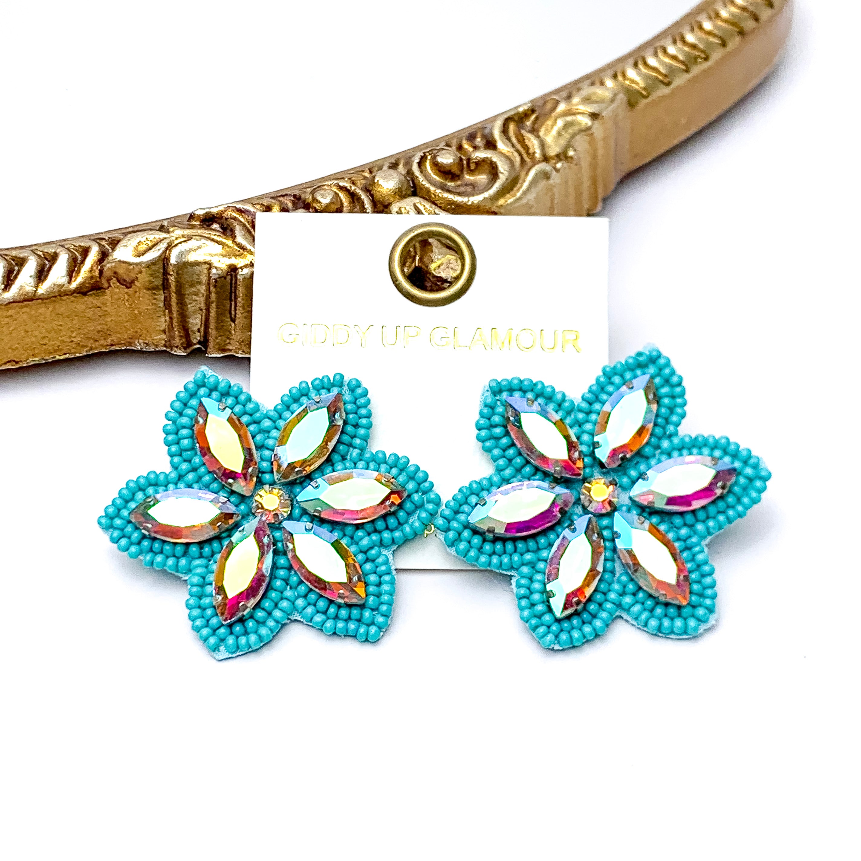 Prismatic Petals Seed Bead Flower Stud Earrings with AB stones in Turquoise
