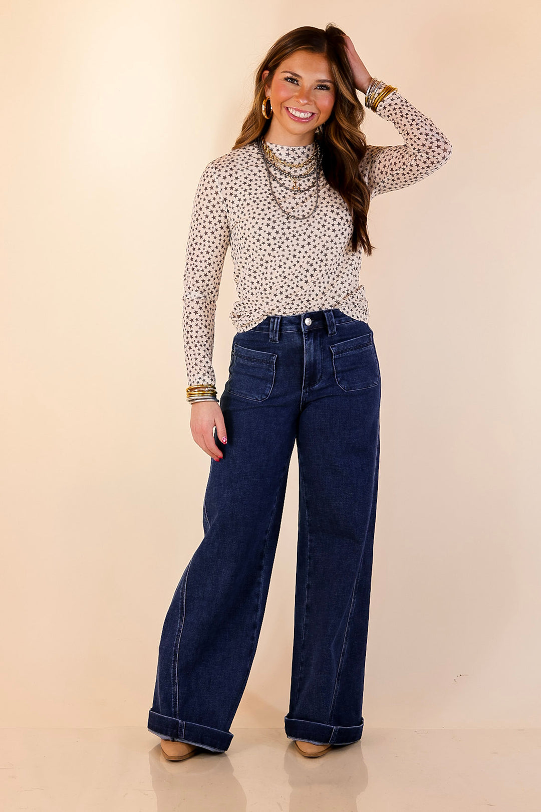 Western Dream Black Star Print Mesh Long Sleeve Top in Ivory