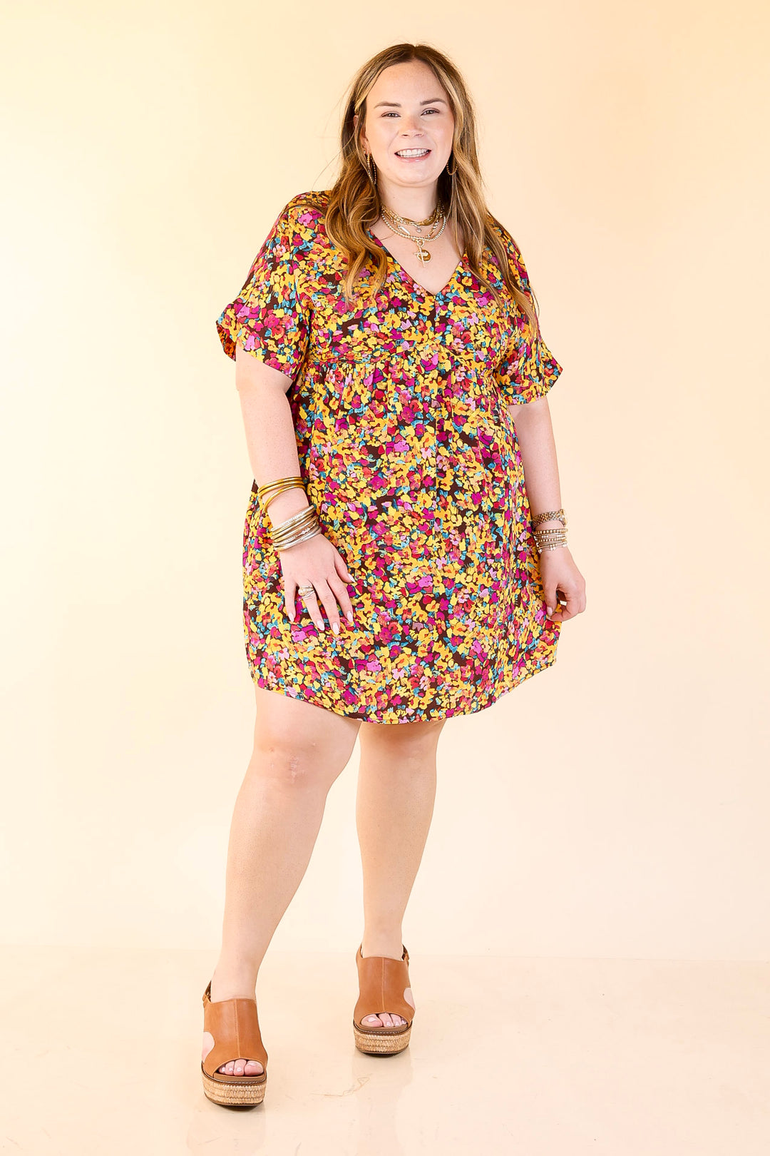 Fresh Blossoms Floral Print Babydoll Dress with V Neck in Brown