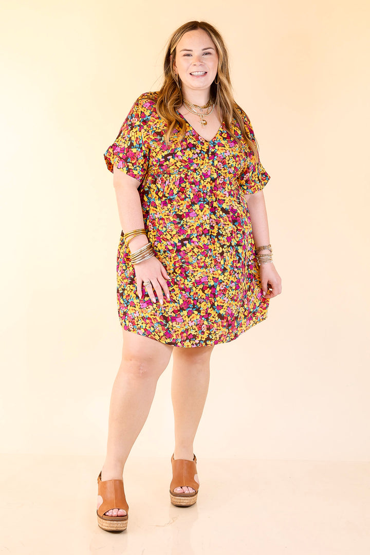 Fresh Blossoms Floral Print Babydoll Dress with V Neck in Brown