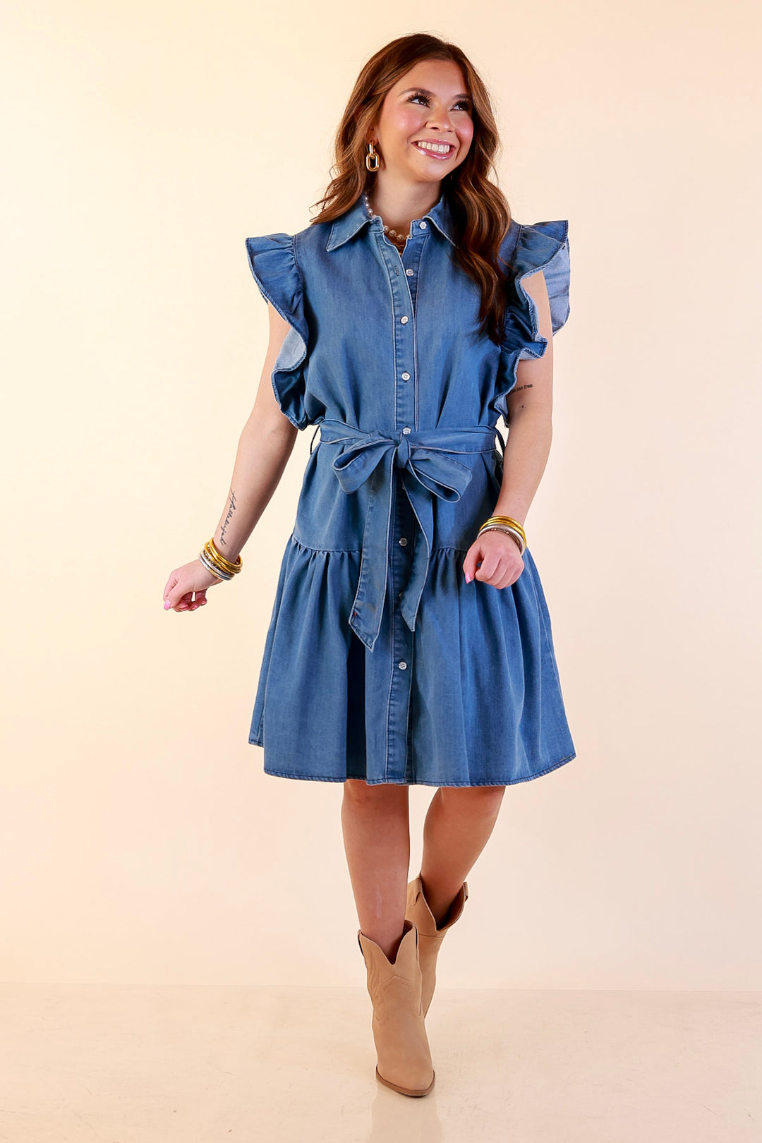 Ruffled up Ruffle Sleeve Button Front Denim Dress with Collar and Peplum Hem in Medium Wash