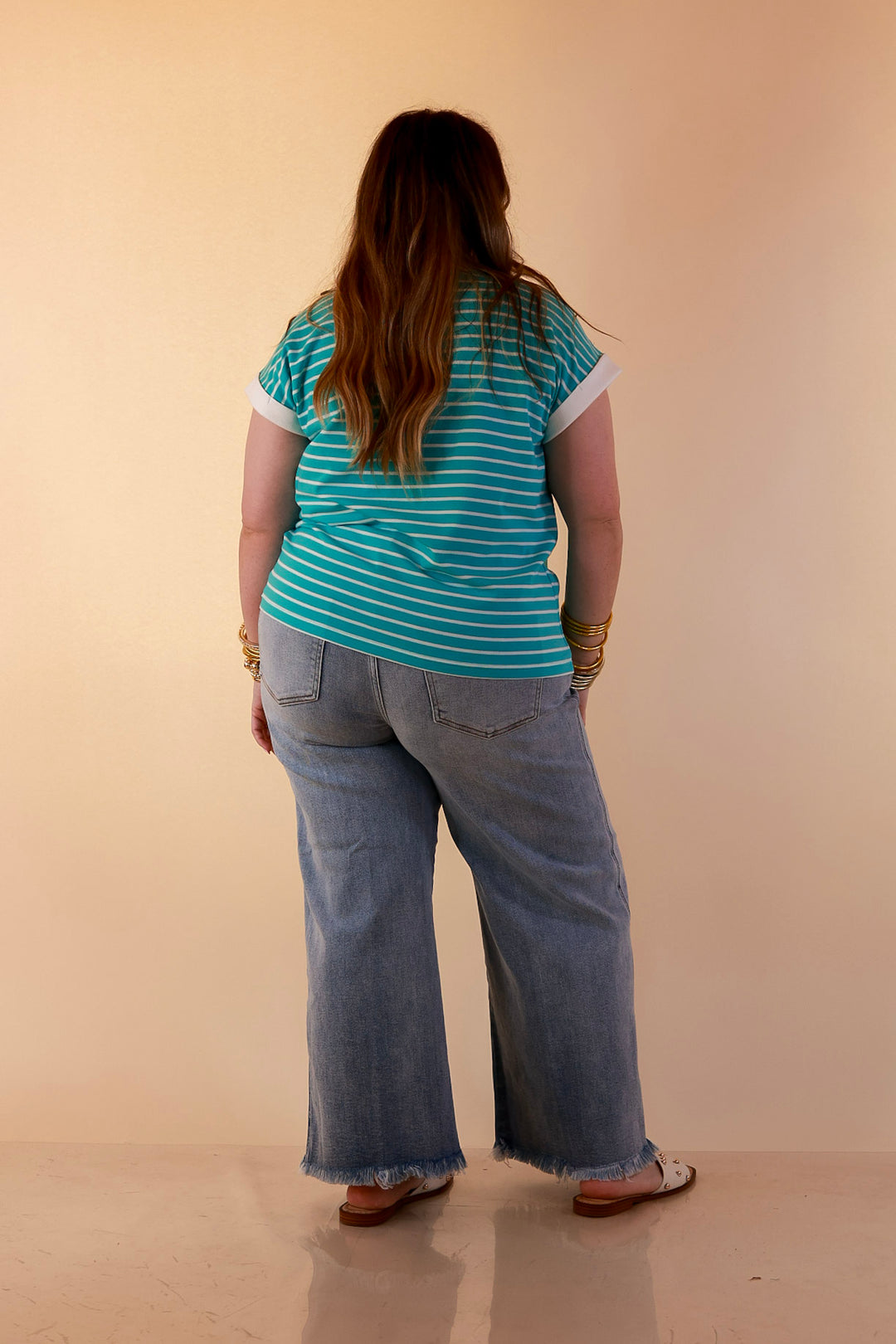 Right on Repeat Scoop Neck Cap Sleeve with Contrast Trim Striped Tee Top in Turquoise Blue