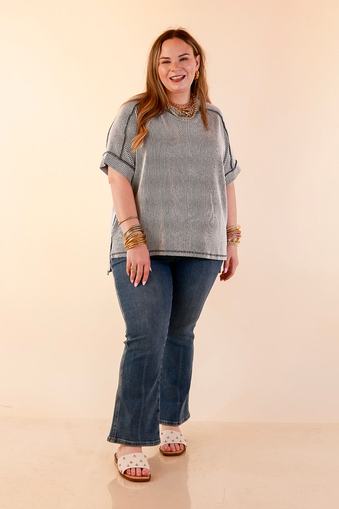 Daily Perfection Scoop Neck Short Sleeve Ribbed Top in Black and White Mix