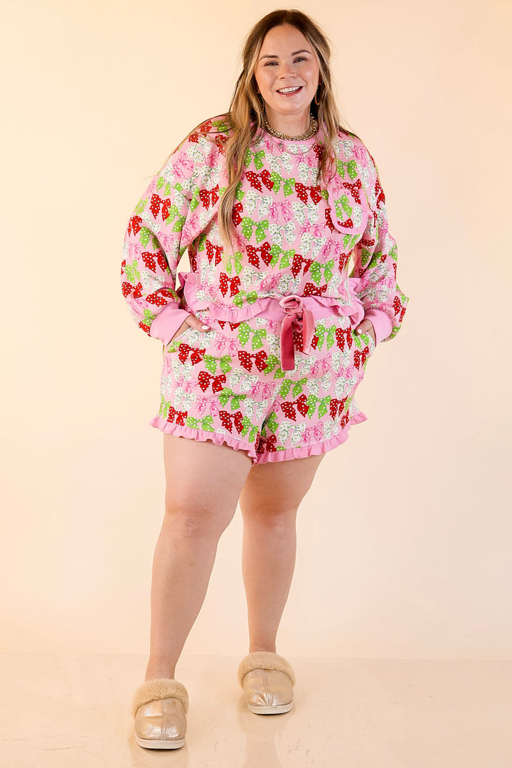 Simply Southern | Wrapped in Joy Matching PJ Set with Polka Dot Bows and Ruffle Detailing in Pink