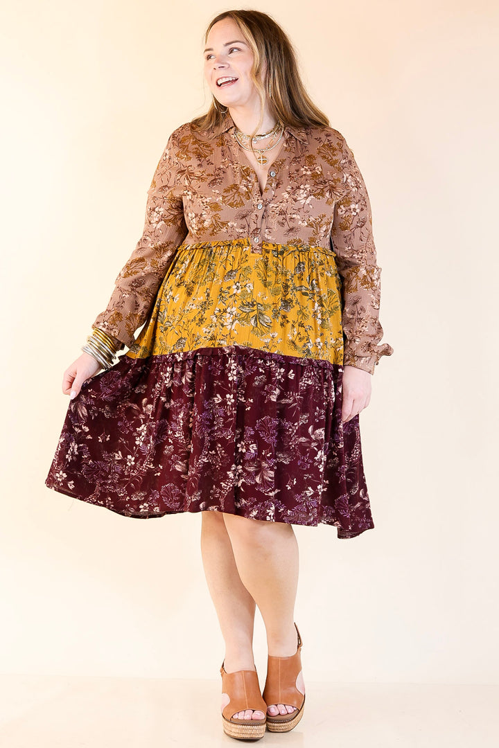 Among the Flowers Floral Ruffle Tier Long Sleeve Dress in Taupe, Mustard, and Burgundy