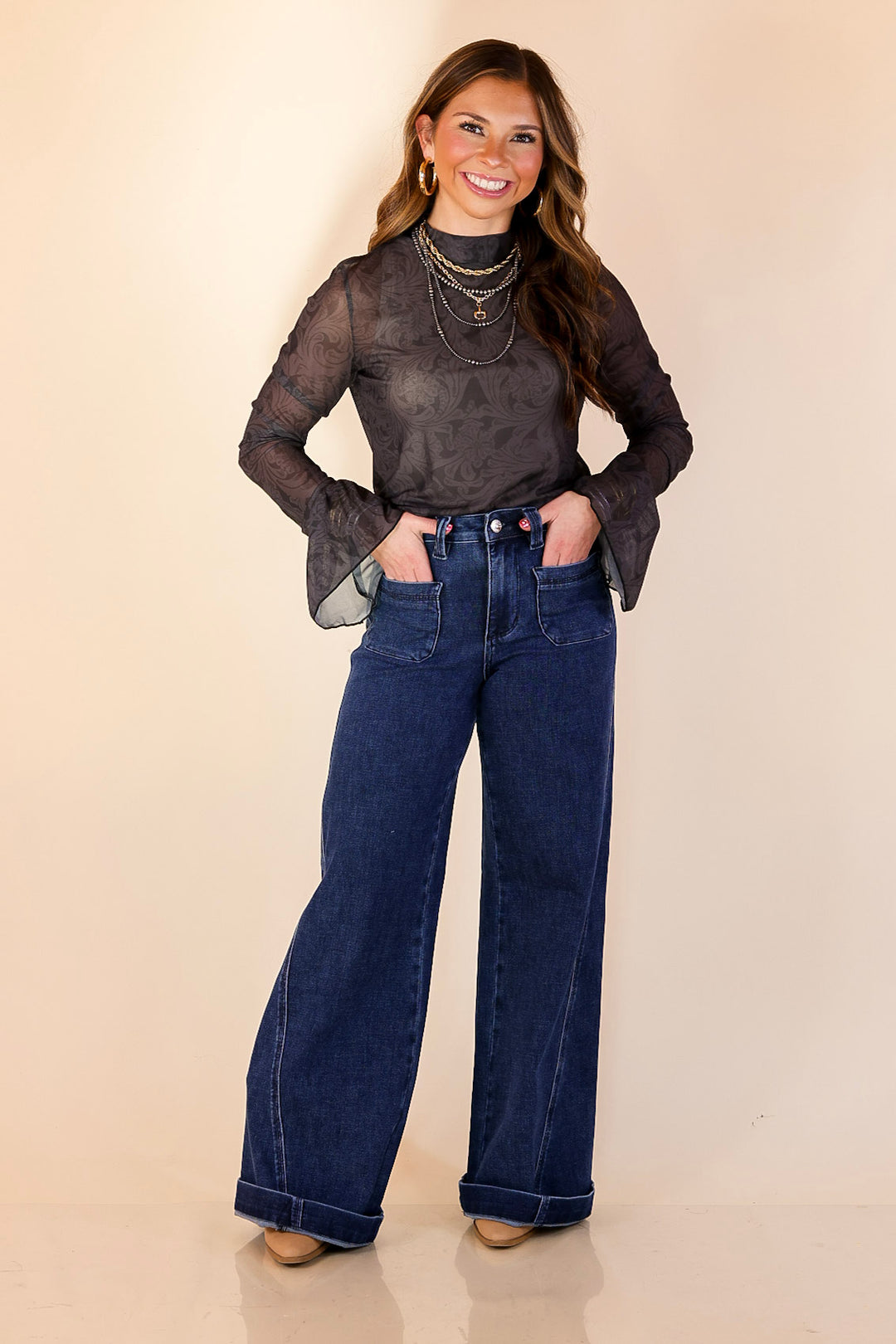 Sheer and Sophisticated Tooled Print Long Sleeve Mesh Top with Ruffle Sleeves in Black