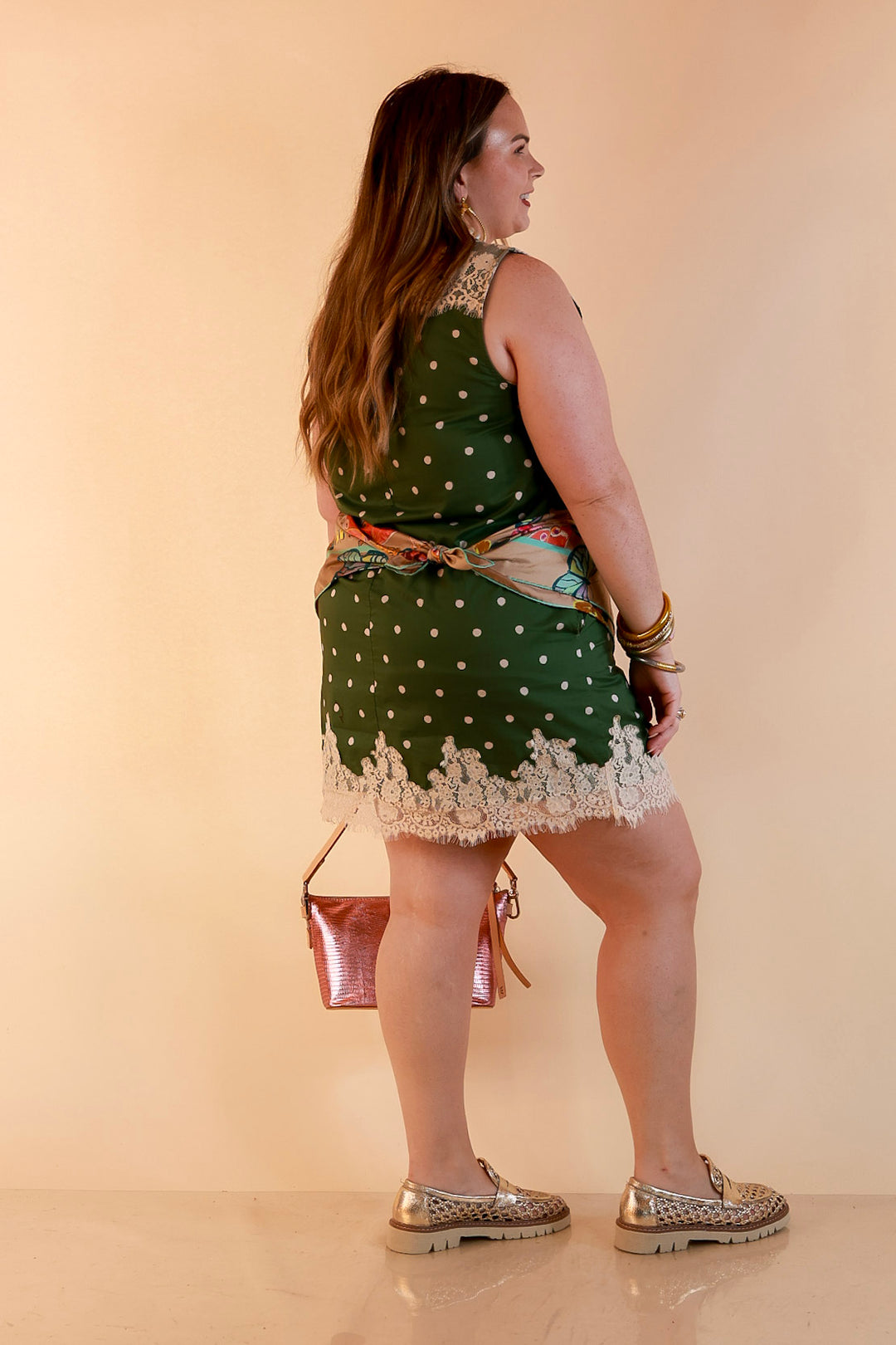 Lovely Little Details Polka Dot Lace Trim Sleeveless Shift Dress in Olive Green and Ivory