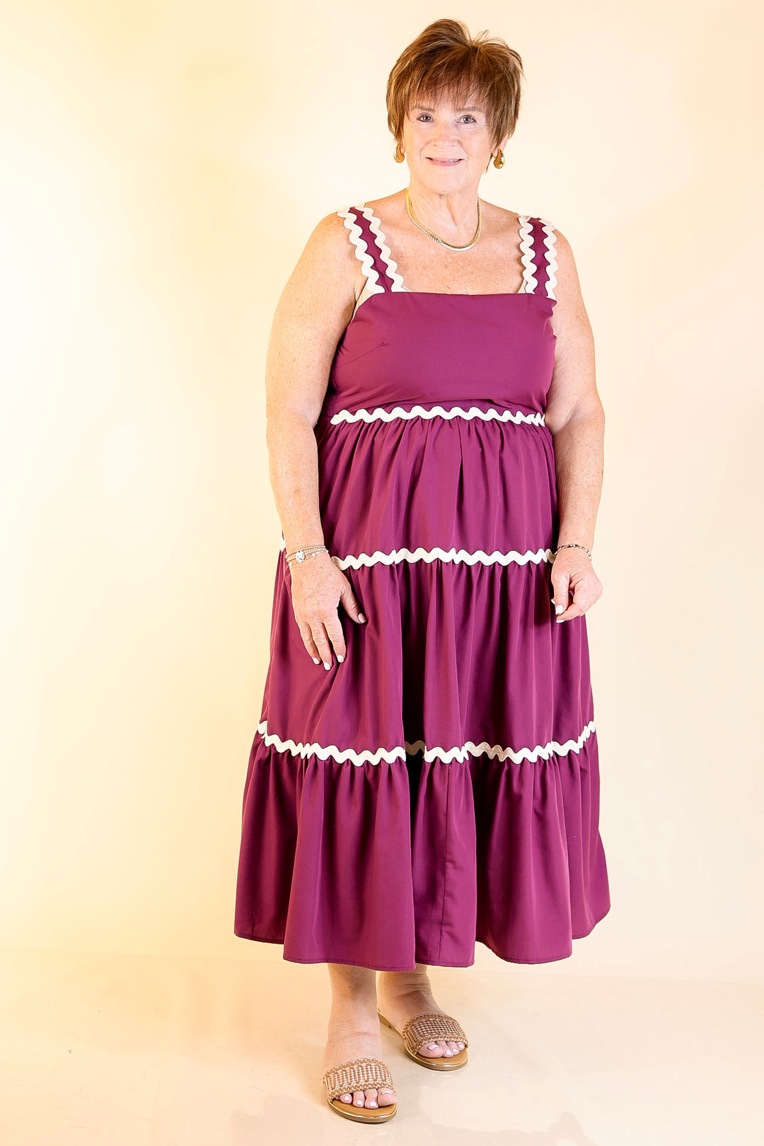 Timeless Twirl Midi Dress with Rickrack Detailing in Plum Maroon
