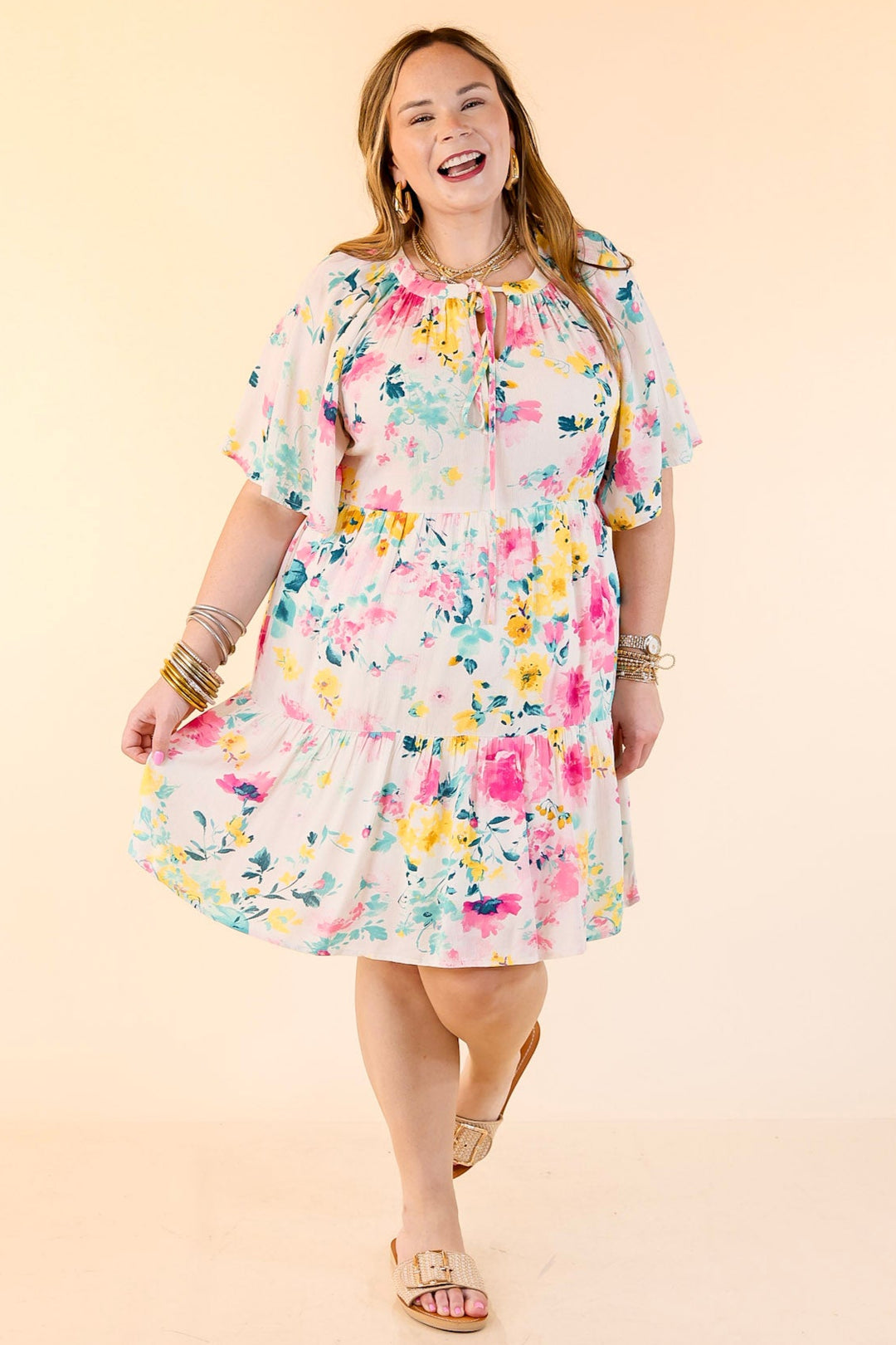 Piece Of Paradise Tiered Floral Dress with Keyhole in Ivory