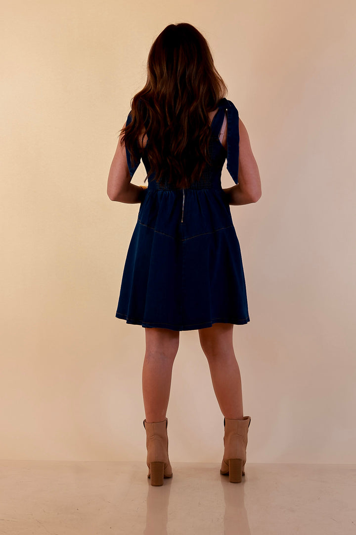 Denim Daydream Tie Shoulder Square Neck Tiered Corset Denim Mini Dress in Dark Wash