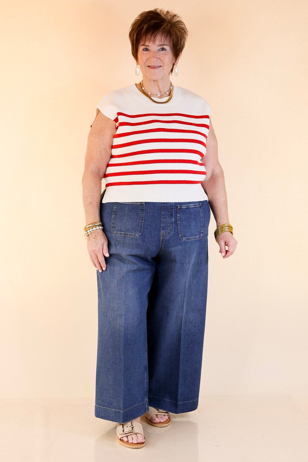 Stripe Things Up Drop Shoulder Knit Sweater in White with Red Stripes