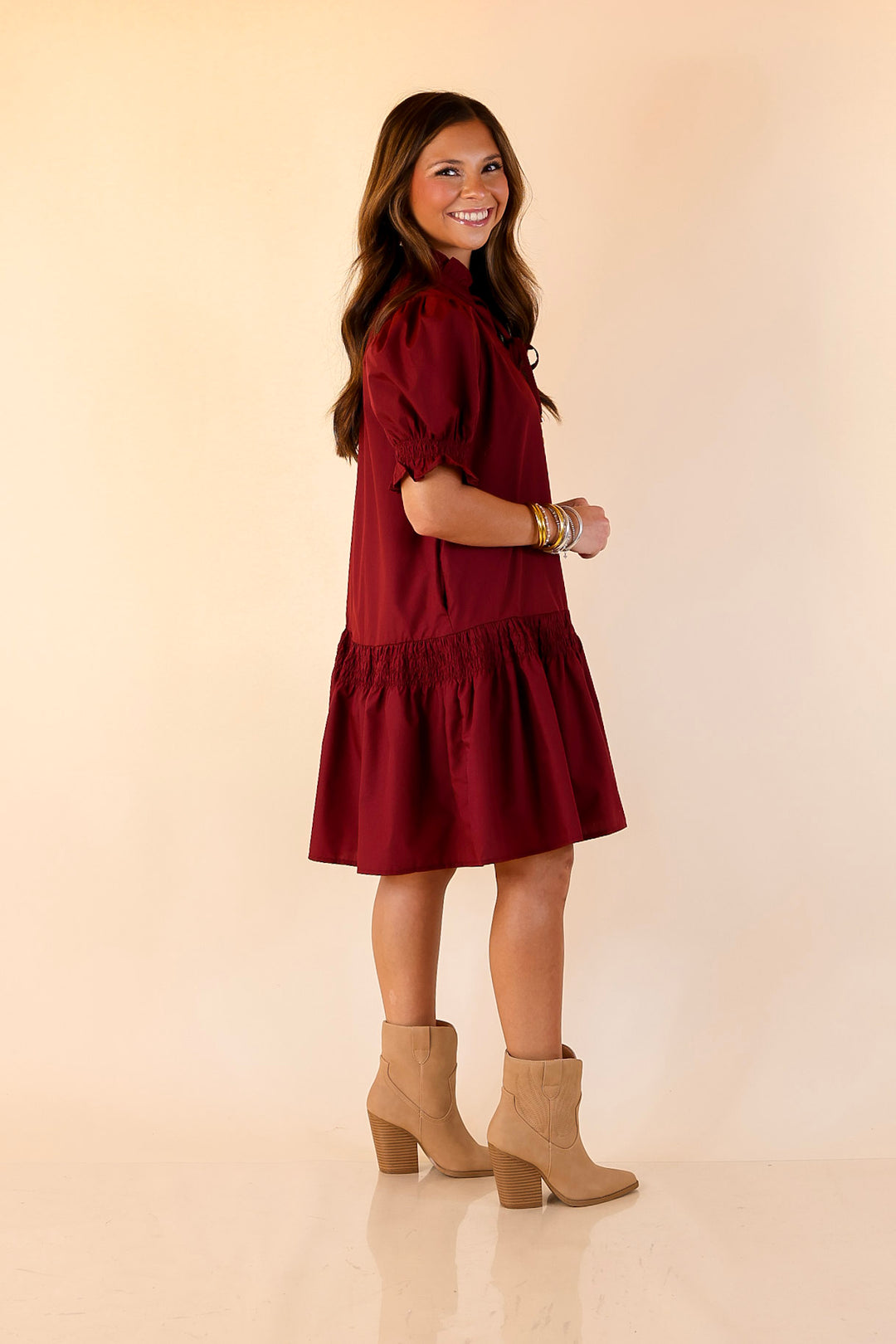Sugar and Chic Peplum Solid Dress with Puff Sleeves in Maroon
