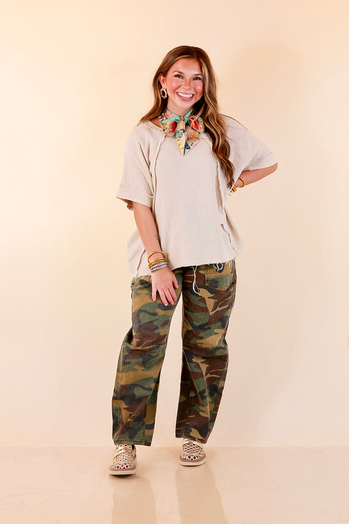 Everyday Ease Short Sleeve Linen Top with Raw Hem Edges in Natural Beige
