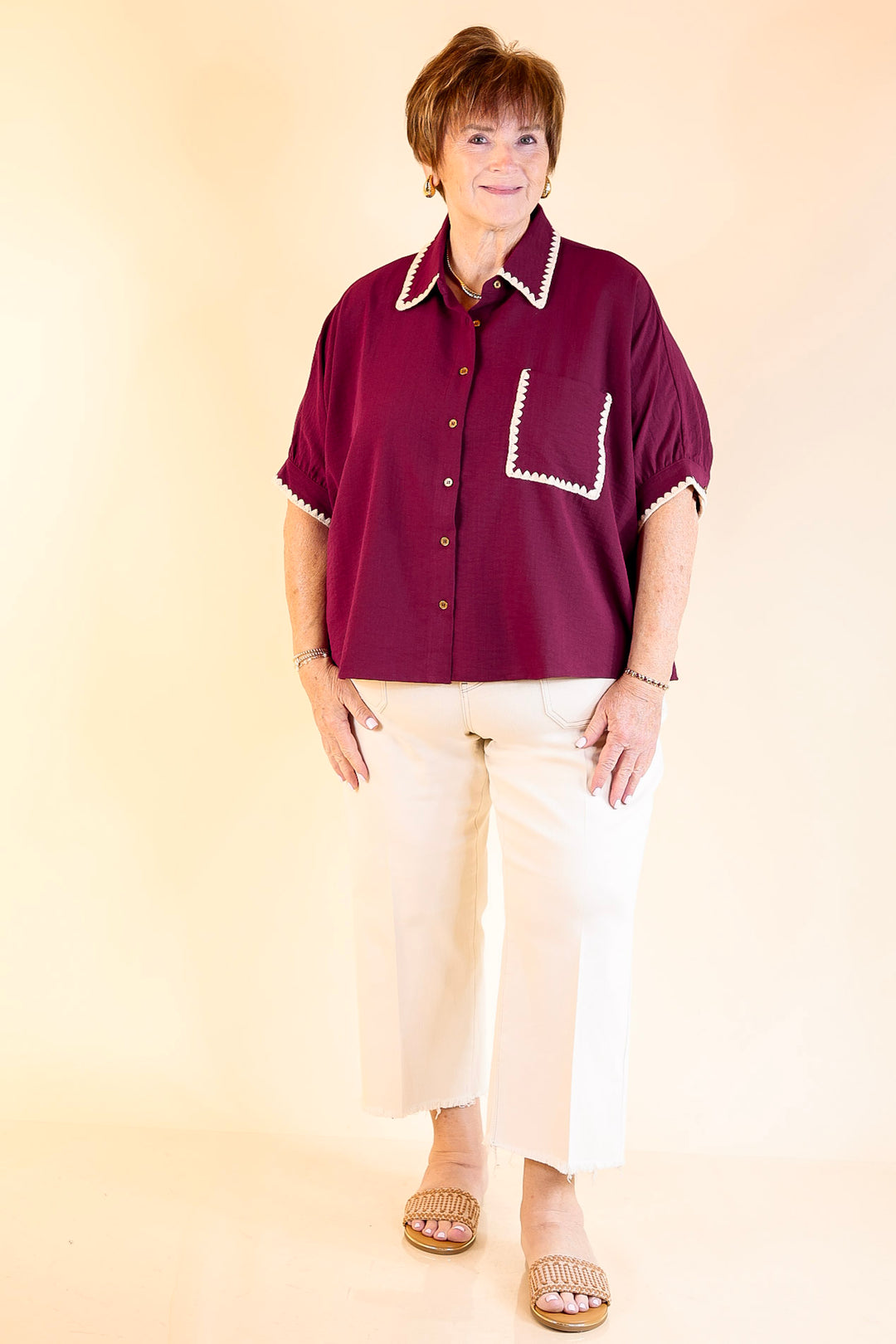 In Good Company Button Up Top with Scalloped Trim Stitching in Maroon