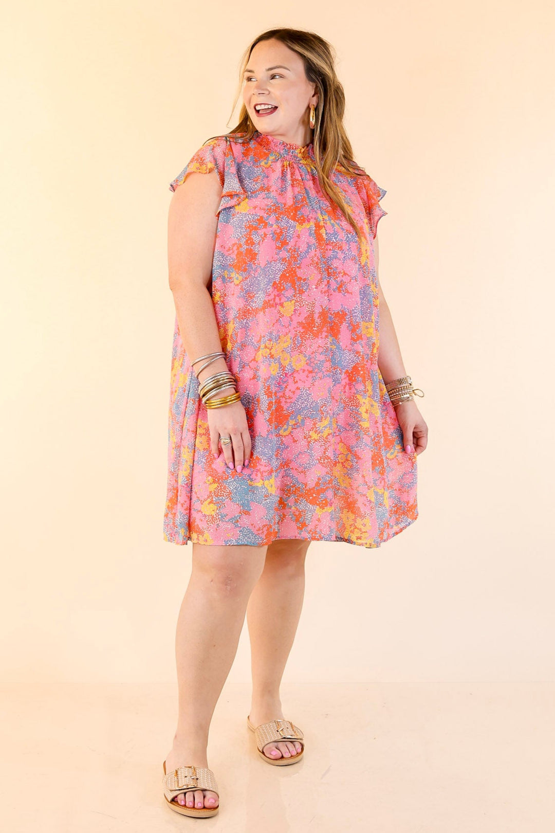 Out On The Town Ruffle Sleeve Floral Dress in Light Pink
