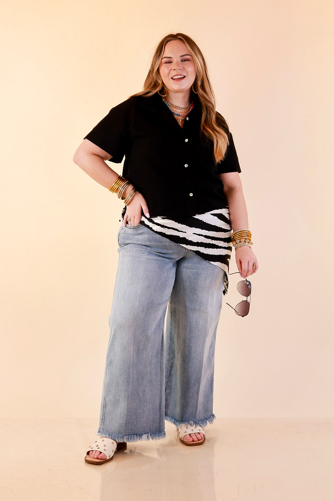 Casual Composure Button Front Short Sleeve Linen Top in Black