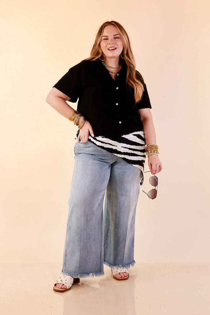 Casual Composure Button Front Short Sleeve Linen Top in Black