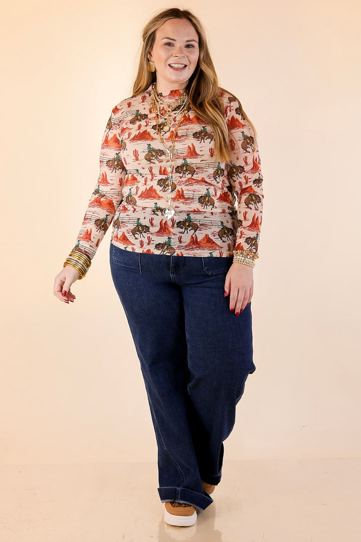 Sheer Confidence Western Red Rocks and Bronc Rider Mesh Long Sleeve Top in Cream