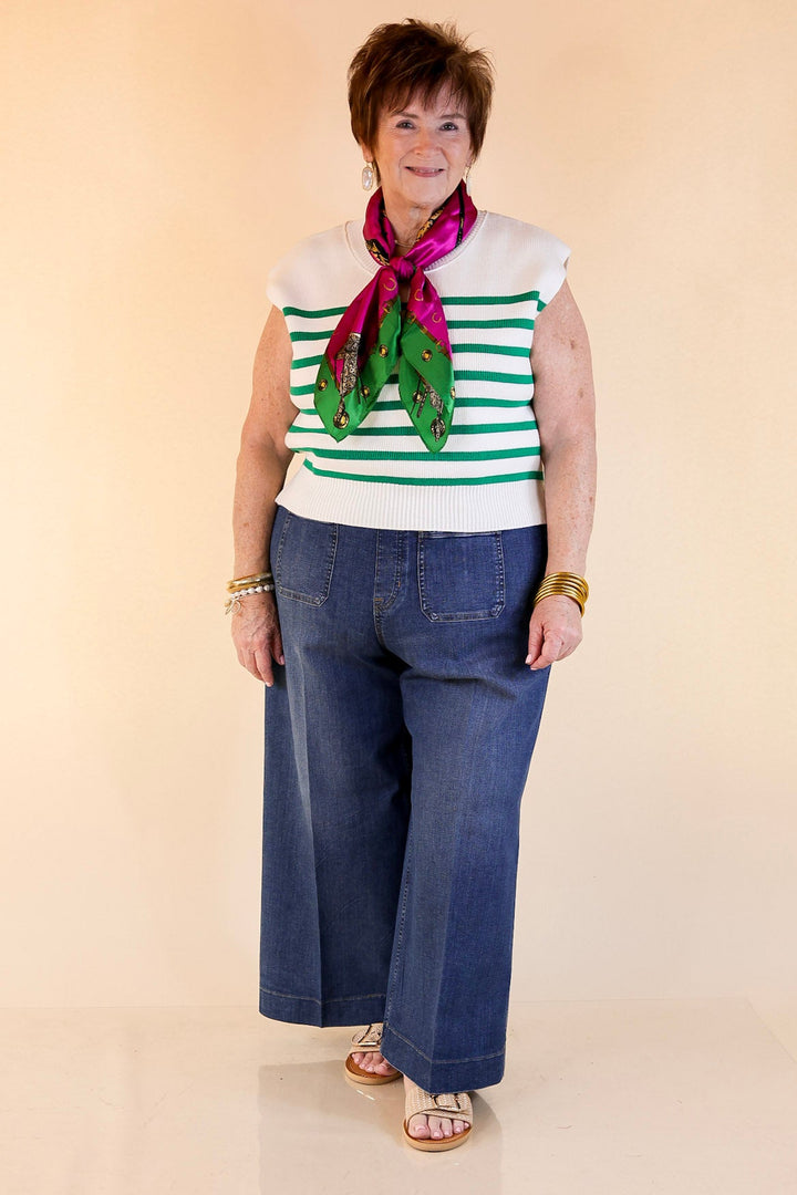 Stripe Things Up Drop Shoulder Knit Sweater in White with Kelly Green Stripes