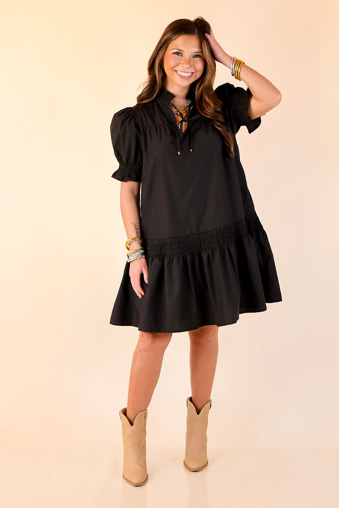 Sugar and Chic Peplum Solid Dress with Puff Sleeves in Black