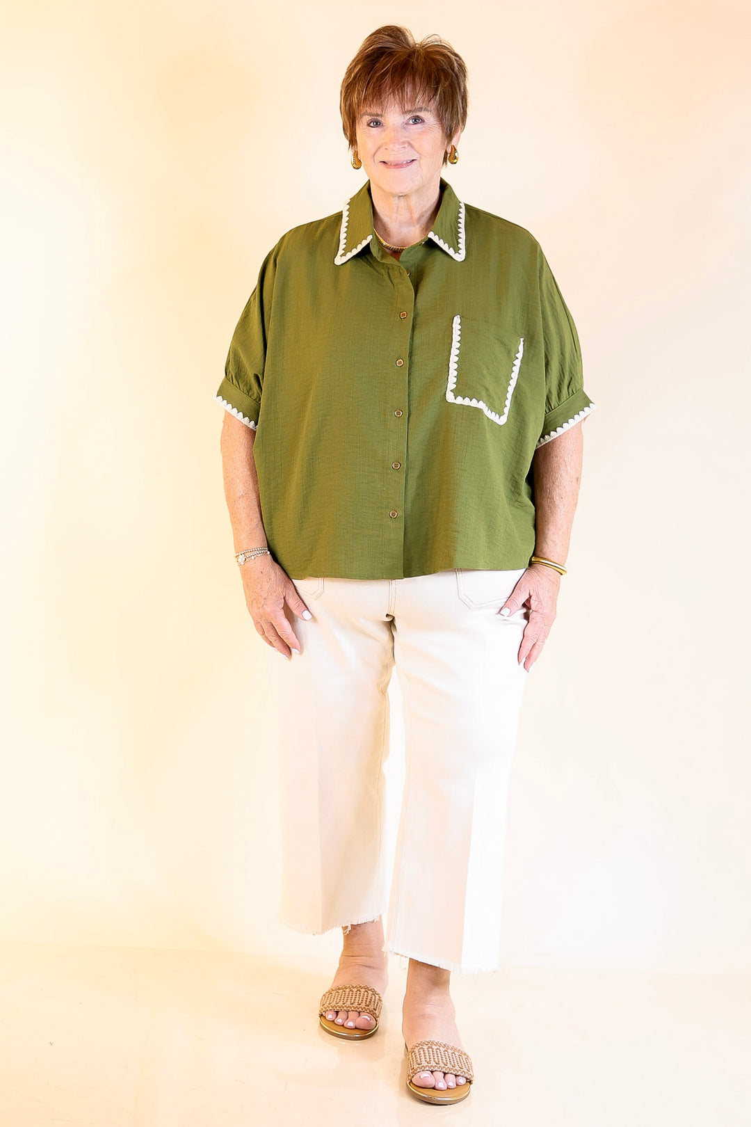 In Good Company Button Up Top with Scalloped Trim Stitching in Olive Green