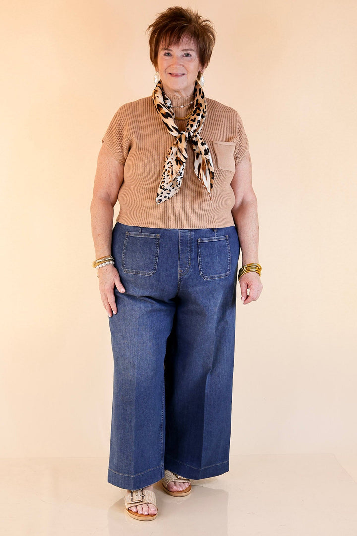 Repeat Worthy Cap Sleeve Cropped Sweater with Front Pocket in Light Brown