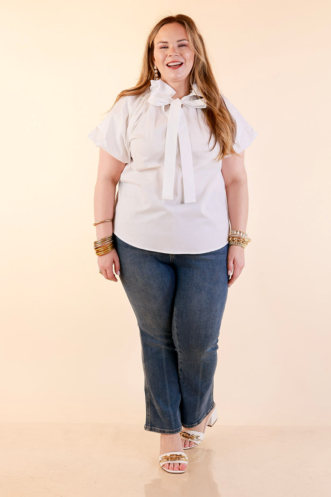 Make It Memorable Short Puff Sleeve Tie Neck Blouse with Gathered Neckline in White