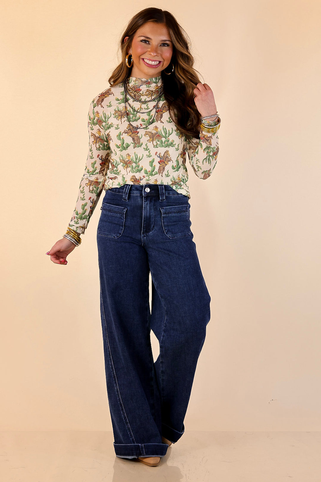 Western Dream Cowboy and Cacti Print Long Sleeve Mesh Top in Ivory