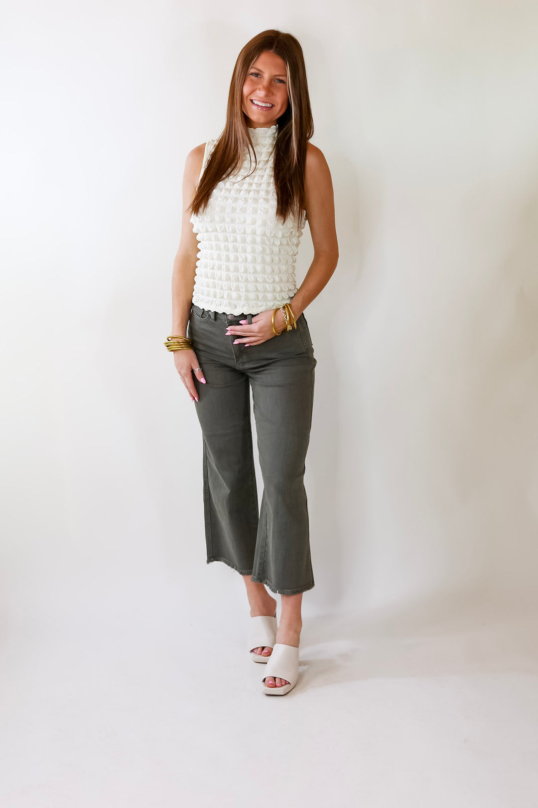 Daring Stares Mock Neck Bubble Tank Top in Ivory - Giddy Up Glamour Boutique