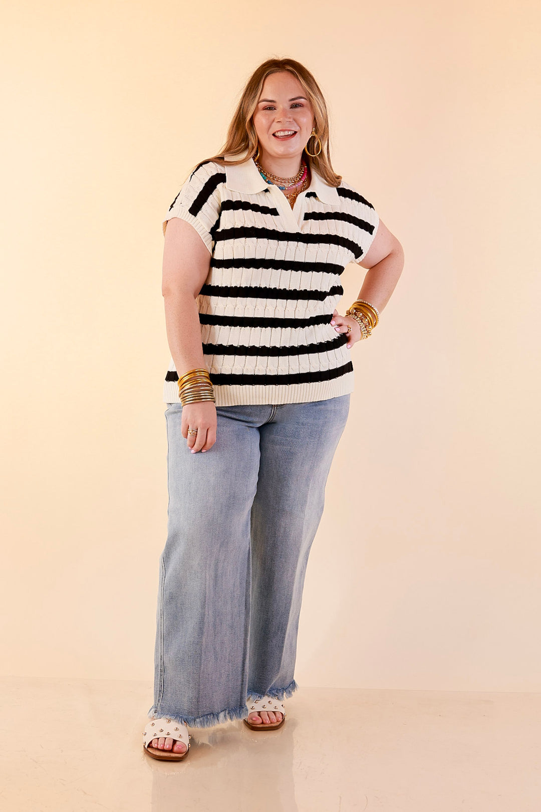 Signature Stripe Drop Shoulder Cable Knit Collared Polo Top in Ivory with Black Stripes