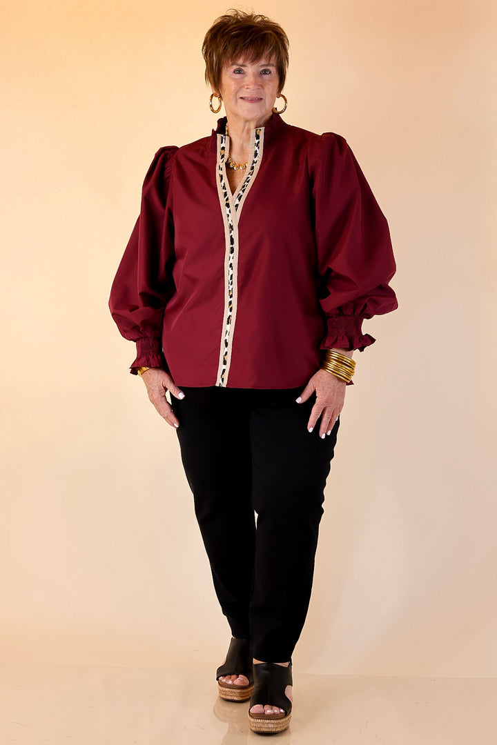 Trimmed in Style Puff Long Sleeve Blouse with Contrast Leopard Trim and Ruffle in Maroon