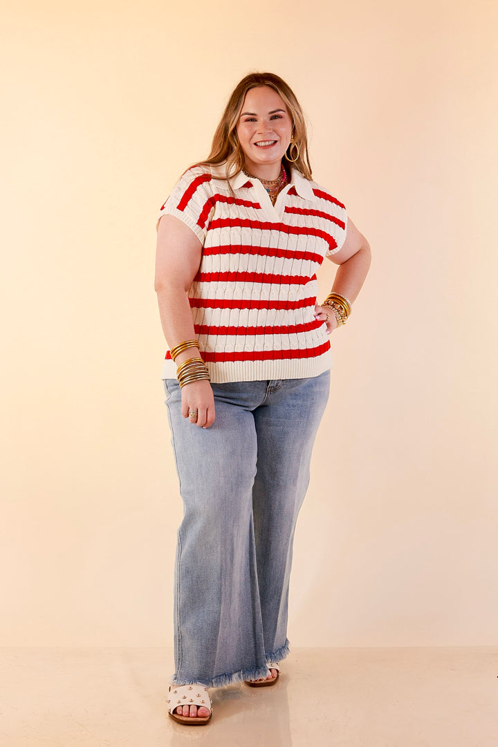 Signature Stripe Drop Shoulder Cable Knit Collared Polo Top in Ivory with Red Stripes