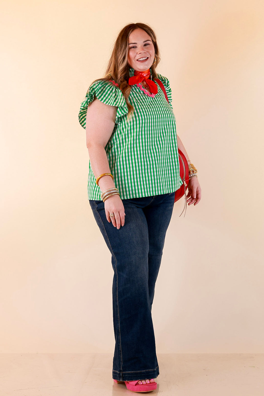 Sweet Tea Social Ruffle Sleeve Gingham Top with Ric Rac Trim in Kelly Green