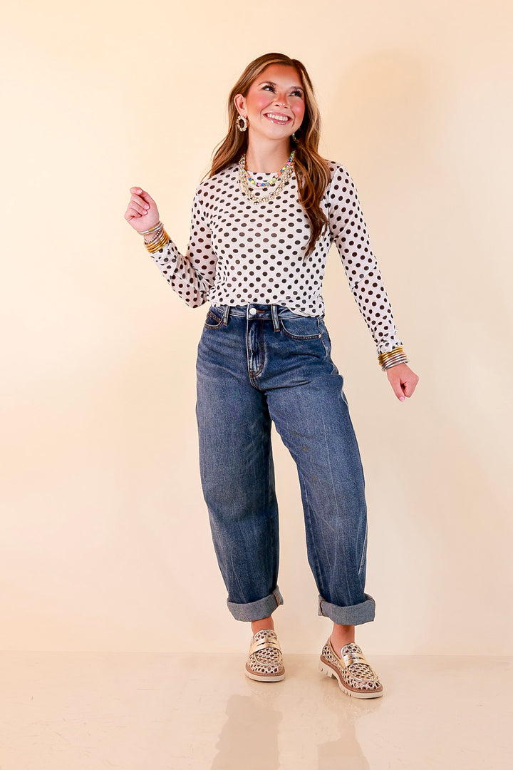 The Essential Layer Black Polka Dot Print Sheer Mesh Long Sleeve Top in White