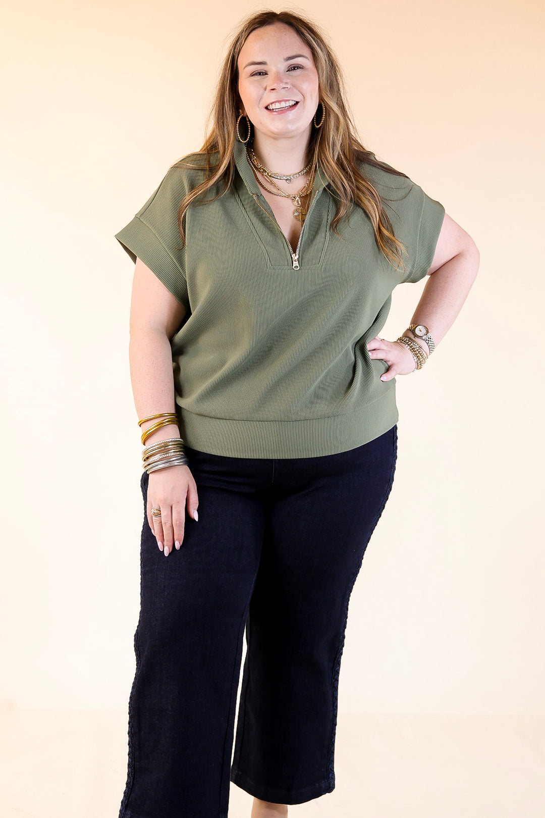 Top Priority Half Zip Collared Ribbed Top in Olive Green