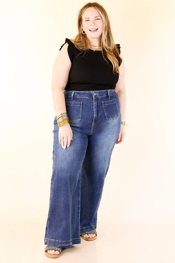 Flirty Frill Scoop Neck Top with Ruffle Sleeves in Black