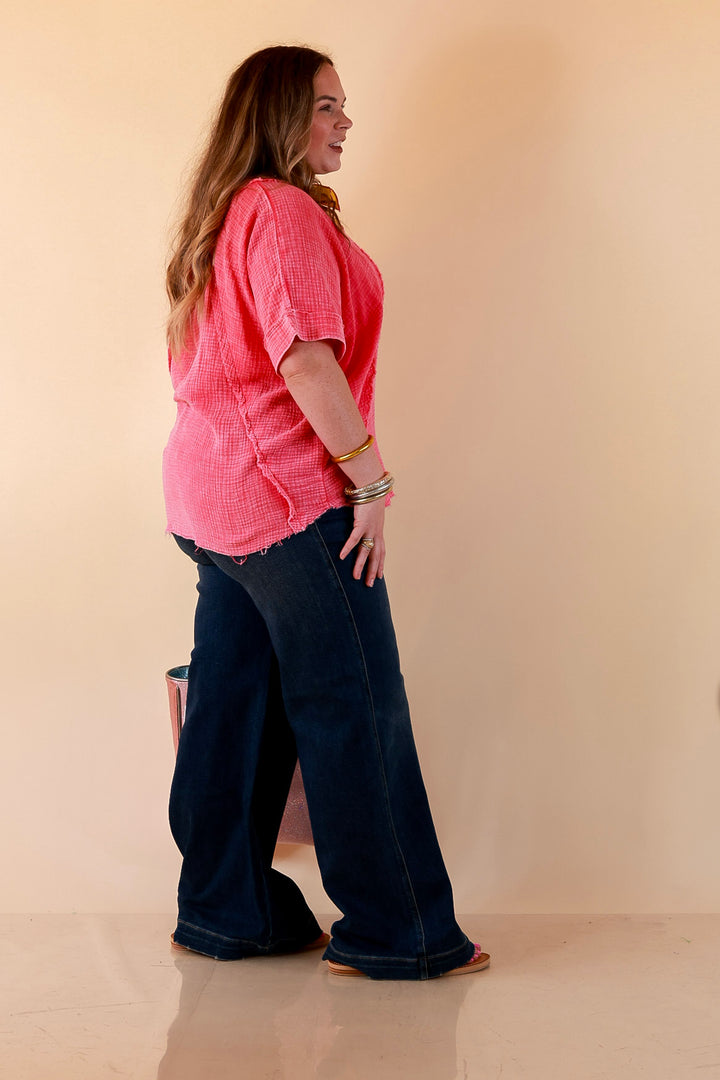 Everyday Ease Short Sleeve Linen Top with Raw Hem Edges in Hot Pink